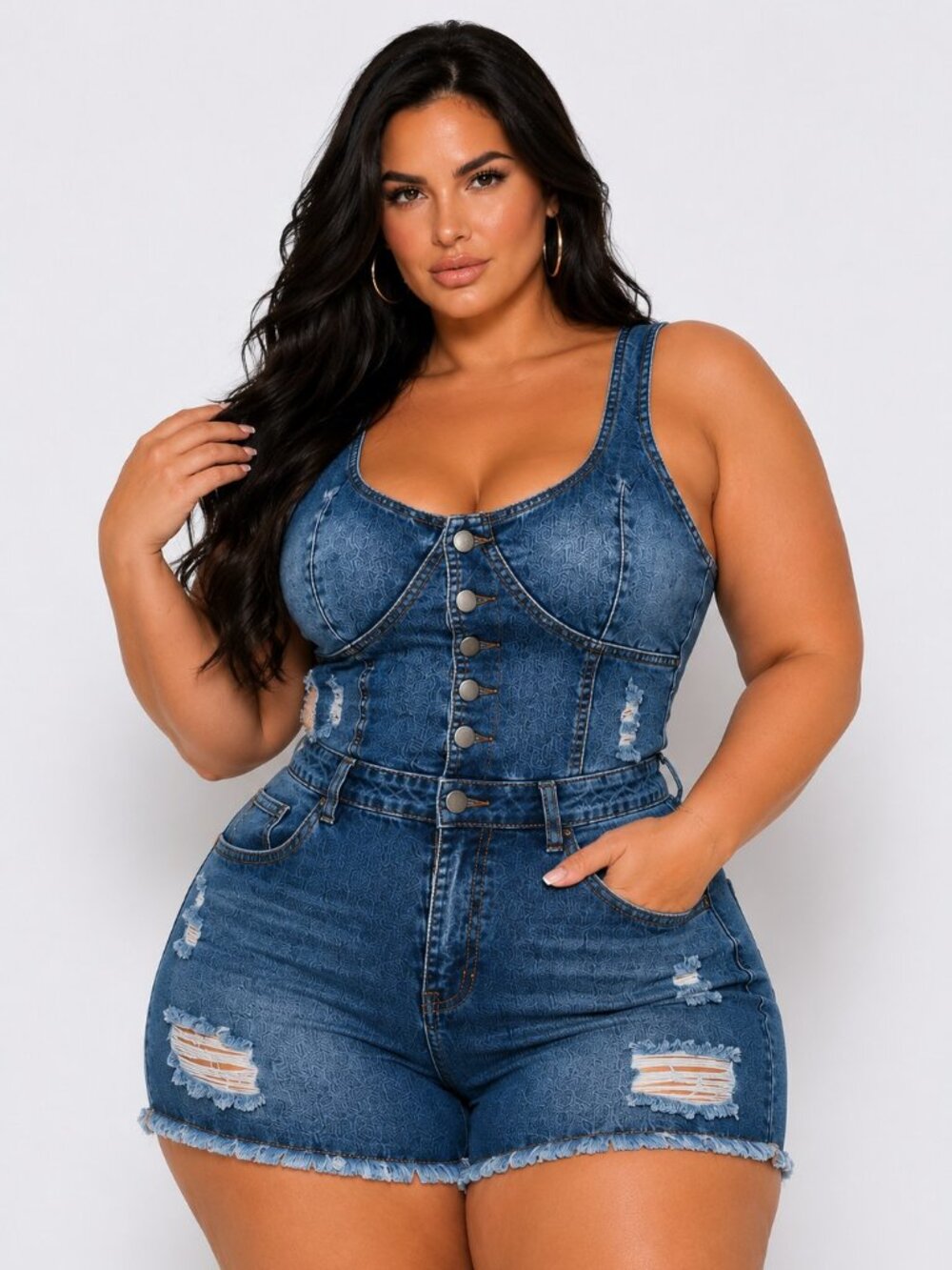 Plus Size Distressed Denim Cargo Rompers